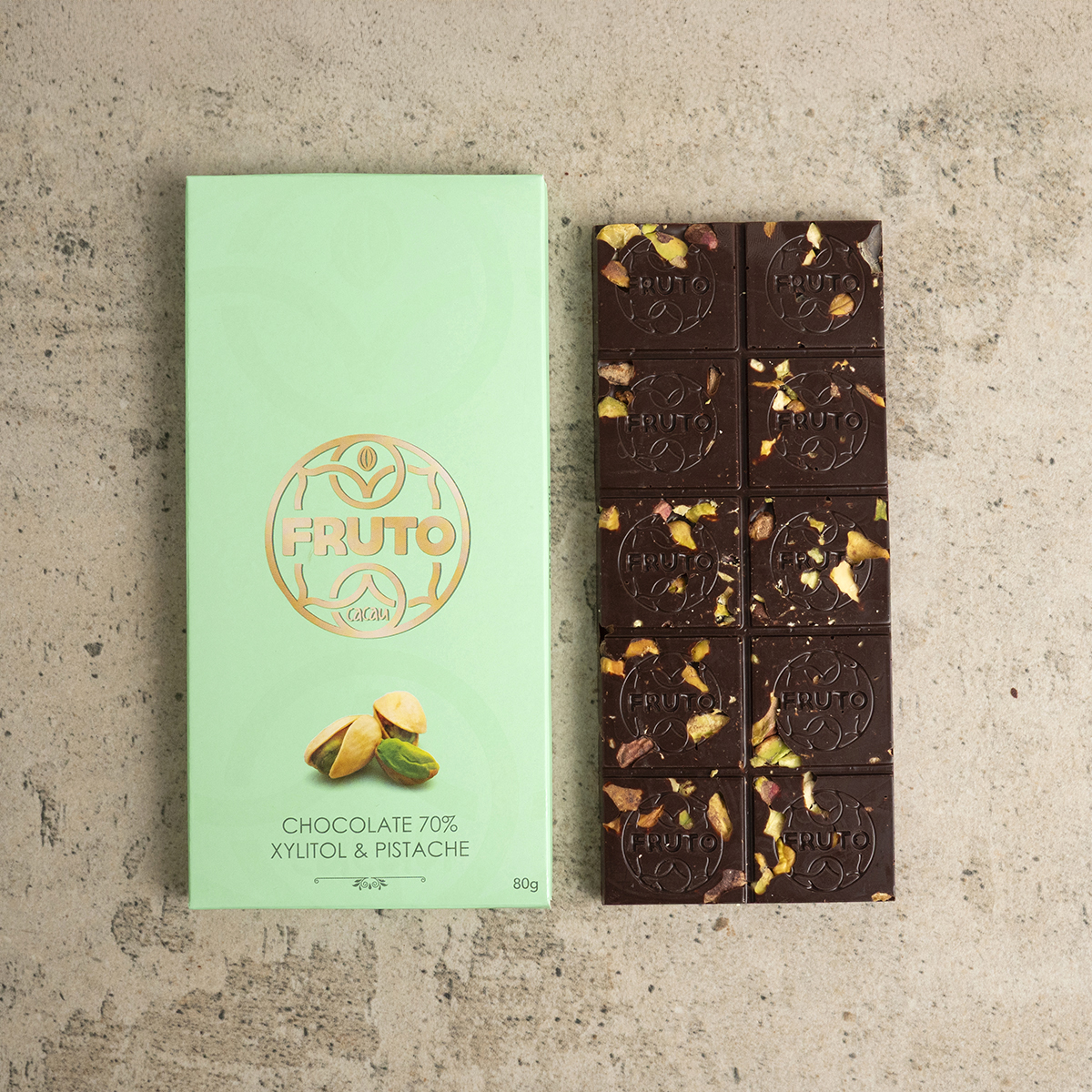 Chocolate 70% com Xylitol e Pistache - 80 gramas
